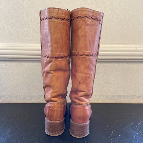 Vintage 70s Leather Square Toe Campus Boots Brown Tan Braided | Size 5.5 - Picture 6 of 15